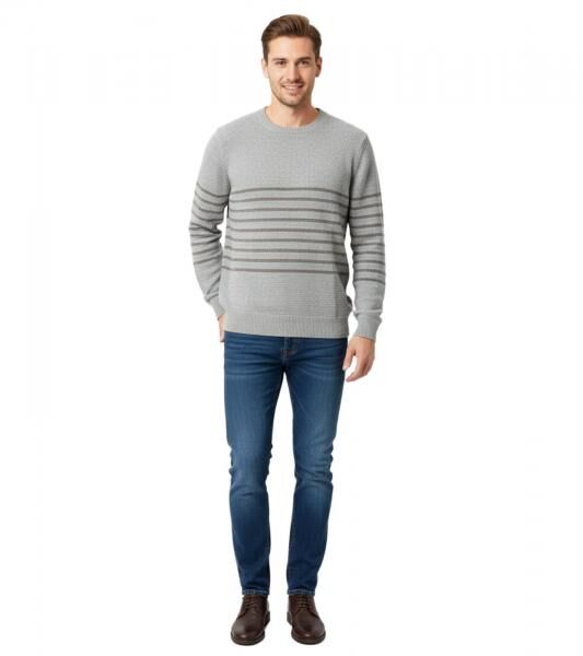 Stylischer ESPRIT Herren Strick-Pullover mit Streifen Rundhals-Sweater Baumwoll-Pullover Grau