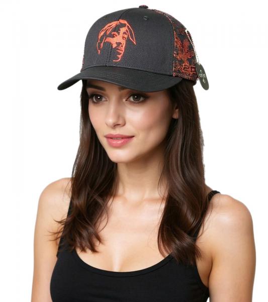 Tupac Damen und Herren Hip Hop Cap mit Tupac-Stickerei 2PAC Flat-Rim TC108517TUP4 Schwarz/Rot