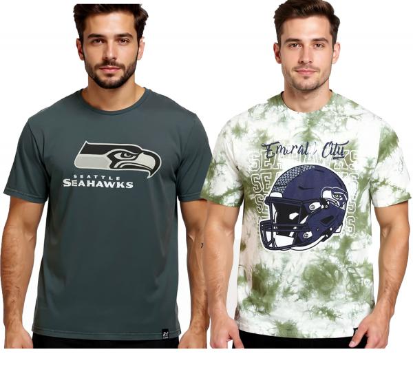 RE:COVERED X NFL Seattle Seahawks Herren T-Shirt mit Logo-Print Baumwoll-Shirt Rundhals-Shirt Grau oder Gr&uuml;n-Batik