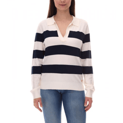 DELMAO Damen Sweatshirt gestreiftes Langarm-Shirt mit Polo-Kragen Longsleeve 40843715 Weiß/Navy
