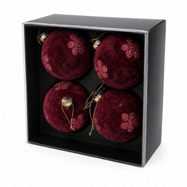 J-Line Weihnachtskugeln aus Glas, Samt, bordeauxrot, 12 cm, 4er-Set