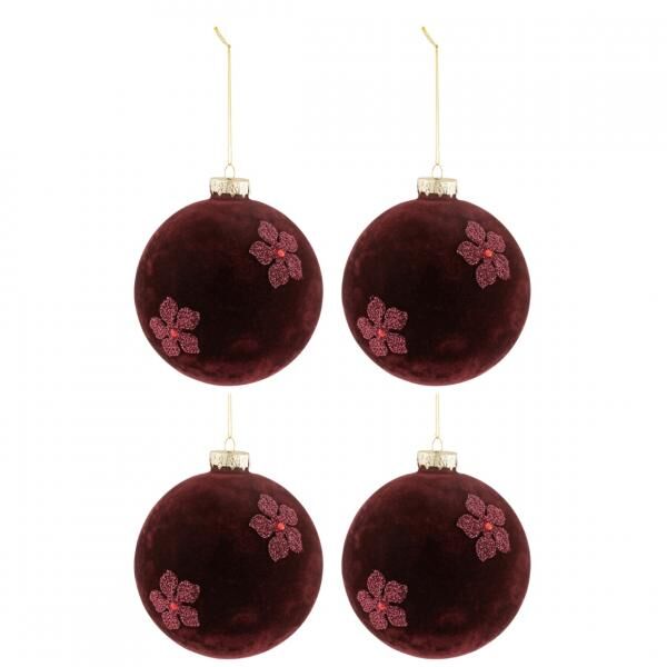 J-Line Weihnachtskugeln aus Glas, Samt, bordeauxrot, 12 cm, 4er-Set