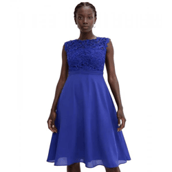 Dreamy women's evening dress with beautiful lace and crochet trim; mini dress 931026, blue