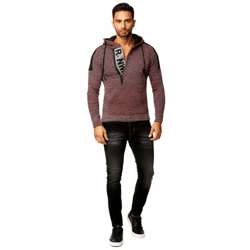 Moderner Herren Strick-Pullover Kapuzen-Sweater Grobstrick-Hoodie Strick-Jacke 13290 Grau/Rot