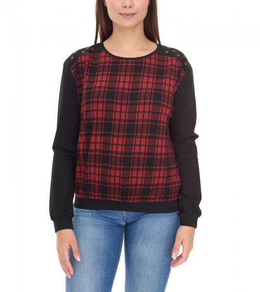 ROCKUPY Damen Sweatshirt leichter Baumwoll-Pullover Glencheck Design 317282 Schwarz/Rot