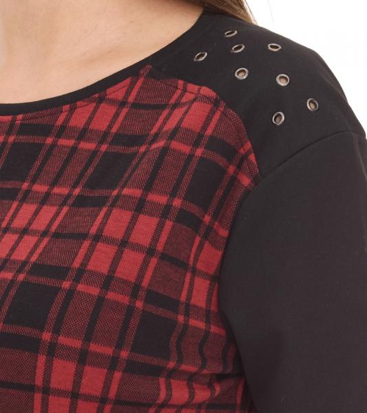 ROCKUPY Damen Sweatshirt leichter Baumwoll-Pullover Glencheck Design 317282 Schwarz/Rot