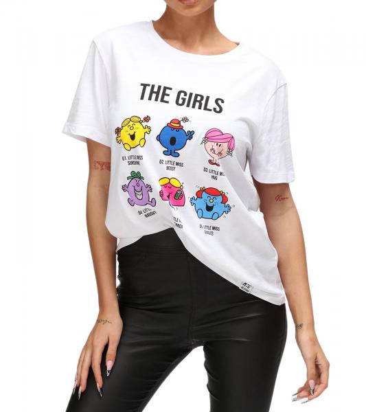 RE:COVERED X Mr. Man und Little Miss Damen Baumwoll-Shirt mit The Girls-Aufdruck T-Shirt Rundhals-Shirt RCMMM3199 Wei&szlig;