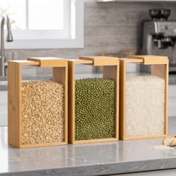 ClearGrain Aufbewahrungsgläser aus Holz und Acryl (3 Stück) – Vorratsbehälter-Set für Lebensmittel