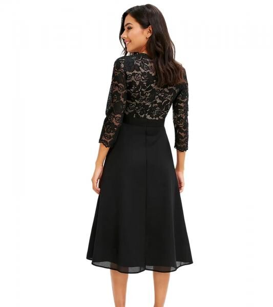 zeitloses Damen Abend-Kleid Chiffon-Kleid mit 3/4-&Auml;rmeln Midi-Kleid 949200 Schwarz 