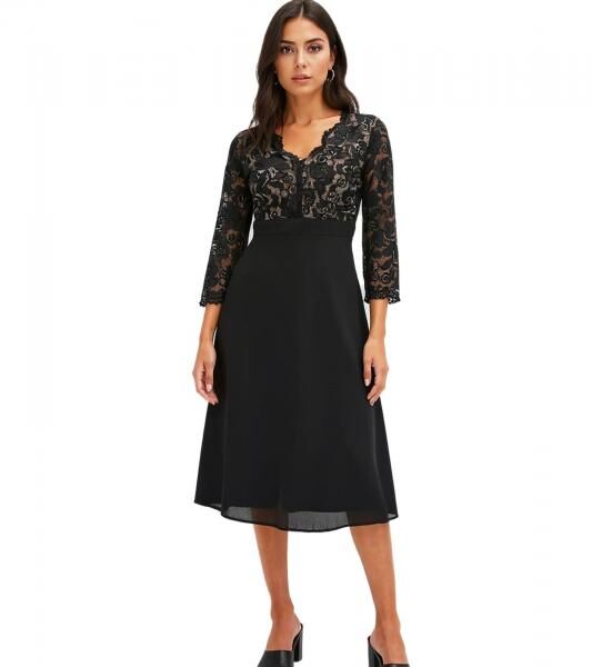 zeitloses Damen Abend-Kleid Chiffon-Kleid mit 3/4-&Auml;rmeln Midi-Kleid 949200 Schwarz 