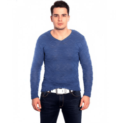 Moderner Herren Strick-Pullover V-Ausschnitt Slim Fit Strukturstrick-Sweater 3172 Blau