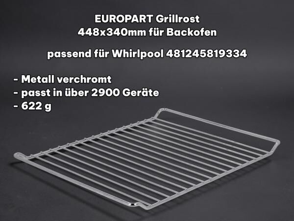 EUROPART Grillrost 448x340 mm wie Whirlpool 481245819334 GRD001 Backofen Herd Ersatzrost verchromt