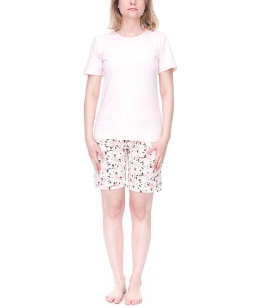 CINQUE Shorty Damen Baumwoll-Pyjama kurze Hose mit Blumen-Print Rundhals-Shirt Rosa/Wei&szlig;