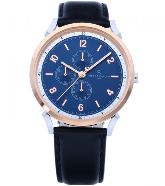 Pierre Cardin Herren Armband-Uhr mit farblichem Multi-Ziffernblatt analoge Quarz-Uhr mit Leder-Armband 3ATM 44mm CPI.2063 Schwarz/Silber/Bl