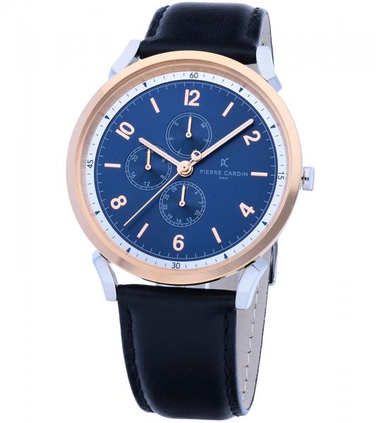 Pierre Cardin Herren Armband-Uhr mit farblichem Multi-Ziffernblatt analoge Quarz-Uhr mit Leder-Armband 3ATM 44mm CPI.2063 Schwarz/Silber/Bl