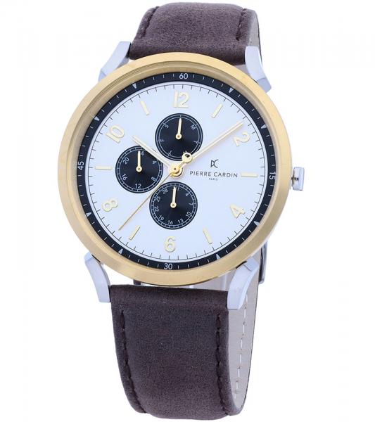 Pierre Cardin Herren Armband-Uhr mit Multi-Ziffernblatt analoge Quarz-Uhr mit Leder-Armband 3ATM 44mm CPI.2061 Braun/Gold/Silber