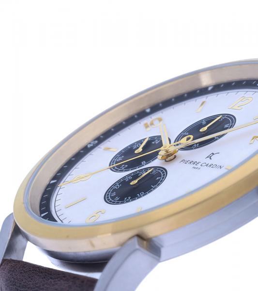 Pierre Cardin Herren Armband-Uhr mit Multi-Ziffernblatt analoge Quarz-Uhr mit Leder-Armband 3ATM 44mm CPI.2061 Braun/Gold/Silber