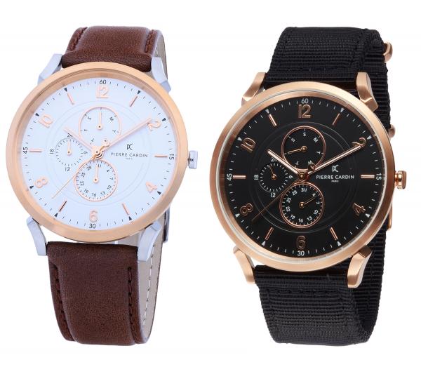 Pierre Cardin Herren Armband-Uhr mit Multi-Ziffernblatt analoge Quarz-Uhr 3ATM 44mm mit Leder-Armband in Braun/Rosegold/Silber oder mit Tex