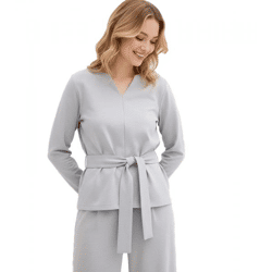 Damen Langarm-Shirt mit breitem Bindeband aus Viskose-Mix Freizeit-Pullover 929960 Grau