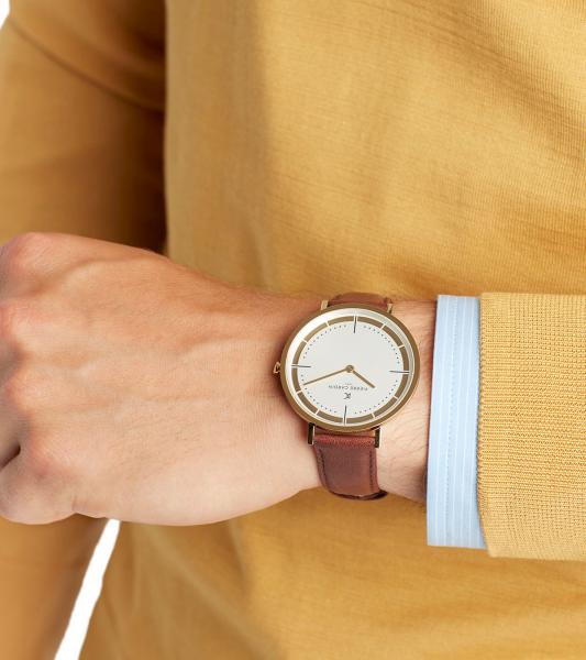 Pierre Cardin Herren analoge Quarz-Uhr mit Leder-Armband Armband-Uhr 3ATM 41mm CBV.1031 Gold/Braun/Wei&szlig;