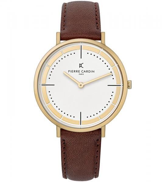 Pierre Cardin Herren analoge Quarz-Uhr mit Leder-Armband Armband-Uhr 3ATM 41mm CBV.1031 Gold/Braun/Wei&szlig;