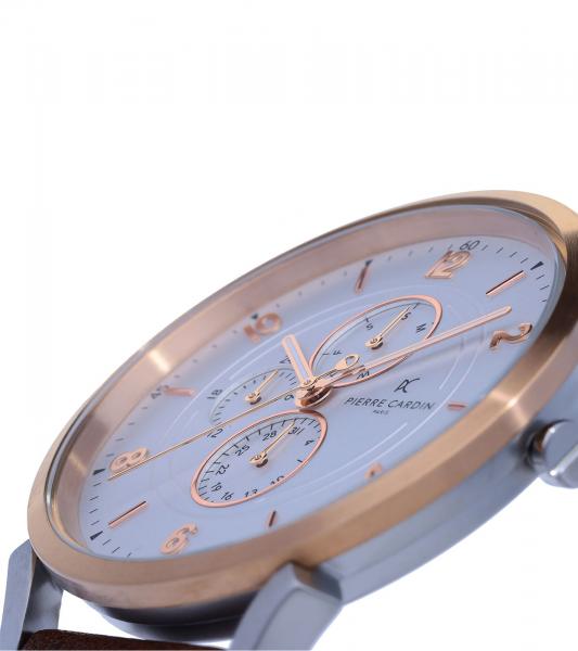Pierre Cardin Herren Armband-Uhr mit Multi-Ziffernblatt analoge Quarz-Uhr mit Leder-Armband 3ATM 44mm CPI.2060 Braun/Rosegold/Silber