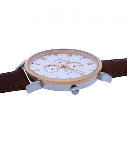 Pierre Cardin Herren Armband-Uhr mit Multi-Ziffernblatt analoge Quarz-Uhr mit Leder-Armband 3ATM 44mm CPI.2060 Braun/Rosegold/Silber