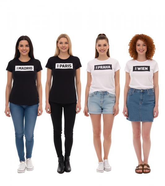 PUMA City Damen Baumwoll-Shirt mit Praha/Prag, Paris, Wien oder Madrid Schriftzug Kurzarm-Shirt Rundhals-Shirt 575957 Wei&szlig; oder Schwarz