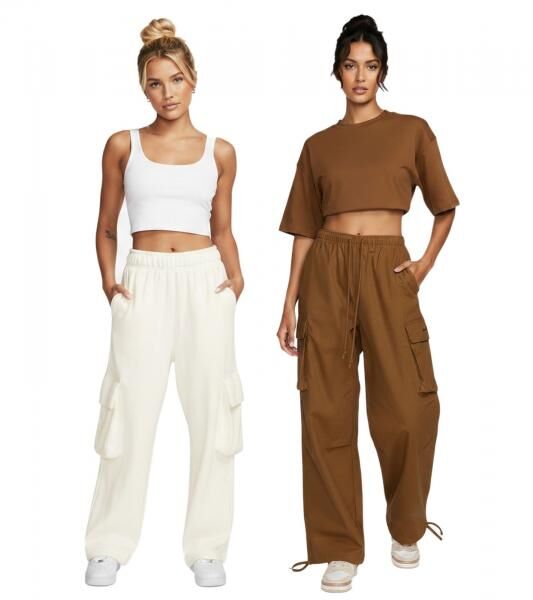 bequeme NIKE Dance Cargo Damen Jogginghose bequeme Sport-Hose mit aufgesetzten Cargo-Taschen Baumwoll-Hose FV7520-281 Braun oder FV7512-133