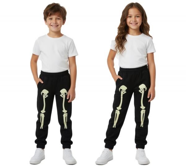 stylische Kinder Jogginghose f&uuml;r M&auml;dchen und Jungen Sweat-Hose fluoreszierendem Skelett Aufdruck 926587 Schwarz