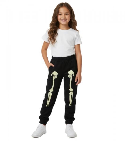 stylische Kinder Jogginghose f&uuml;r M&auml;dchen und Jungen Sweat-Hose fluoreszierendem Skelett Aufdruck 926587 Schwarz