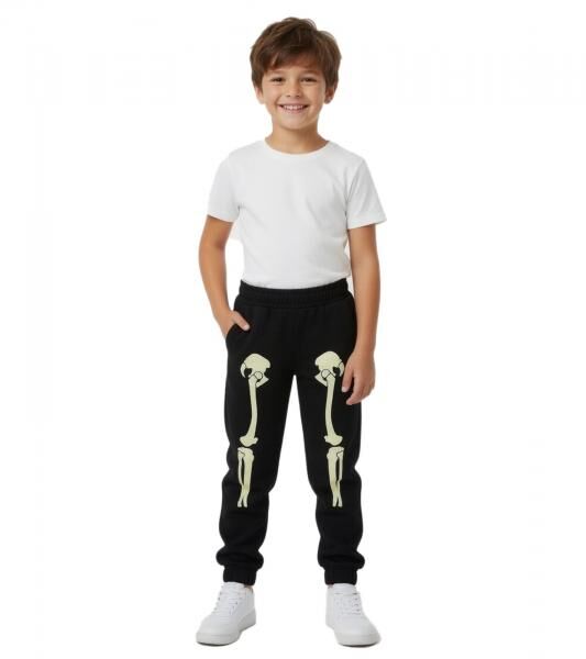 stylische Kinder Jogginghose f&uuml;r M&auml;dchen und Jungen Sweat-Hose fluoreszierendem Skelett Aufdruck 926587 Schwarz