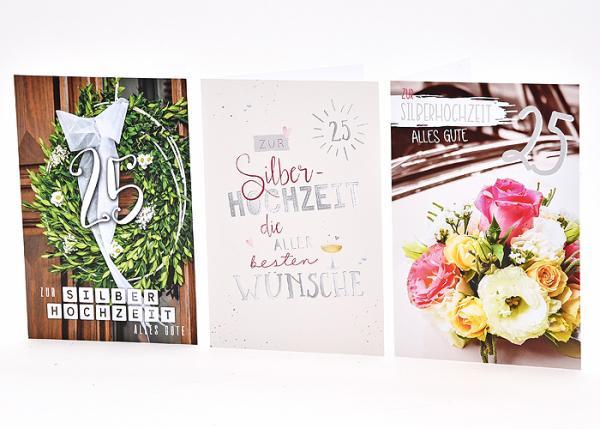 Silver wedding anniversary card - 100 pieces - 3 motifs - 11.5 x 17.5 cm