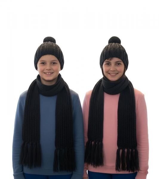 M&uuml;tze und Schal langer Strick-Schal f&uuml;r Kinder mit Bommelm&uuml;tze SF157827PLB Grau