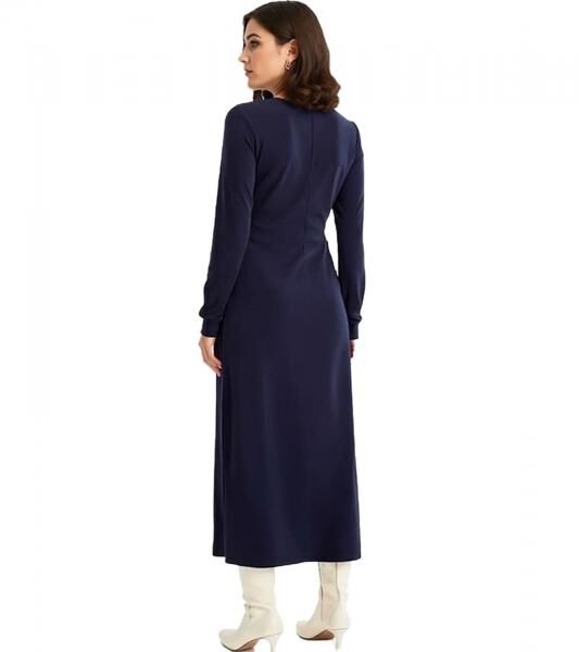 Damen Midi-Kleid Sommer-Kleid in Wickeloptik Freizeit-Kleid Langarm-Dress 952182 Dunkelblau