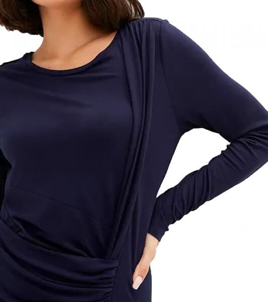 Damen Midi-Kleid Sommer-Kleid in Wickeloptik Freizeit-Kleid Langarm-Dress 952182 Dunkelblau