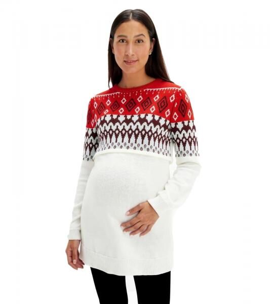 Damen Pullover kuscheliger Umstands-Pulli Schwangerschafts-Kleidung im Norweger-Design 920178 Rot/Beige/Wei&szlig;