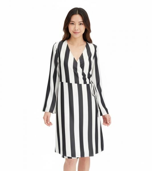 Sch&ouml;nes Streifenkleid f&uuml;r Damen Wickel-Kleid mit V-Ausschnitt Mini-Kleid 978829 Schwarz/Wei&szlig;