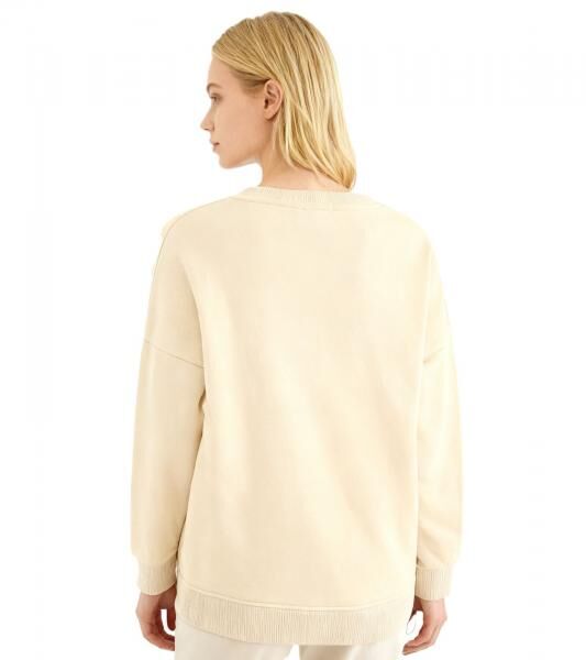 bequemer ZWILLINGSHERZ Pullover Damen Sweat-Pullover GOOD VIBES HAPPINESS mit V-Ausschnitt 46080-29 Beige