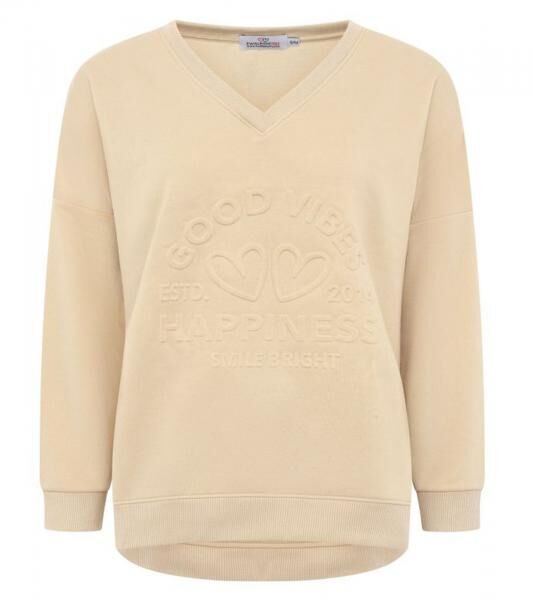 bequemer ZWILLINGSHERZ Pullover Damen Sweat-Pullover GOOD VIBES HAPPINESS mit V-Ausschnitt 46080-29 Beige