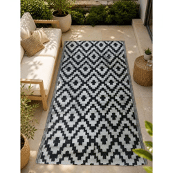Moderner Outdoor-Teppich im Rauten-Design Garten-Teppich Dekoteppich ca.90 x 150cm Weiß/Schwarz