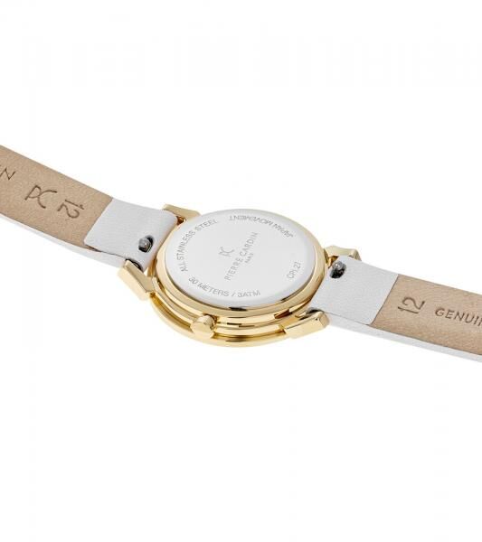 Pierre Cardin Damen Armband-Uhr Zweizeiger-Uhr analoge Quarz-Uhr mit Leder-Armband 3ATM 27mm CPI.2509 Wei&szlig;/Gold