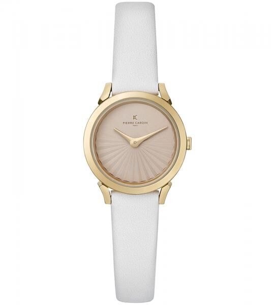 Pierre Cardin Damen Armband-Uhr Zweizeiger-Uhr analoge Quarz-Uhr mit Leder-Armband 3ATM 27mm CPI.2509 Wei&szlig;/Gold