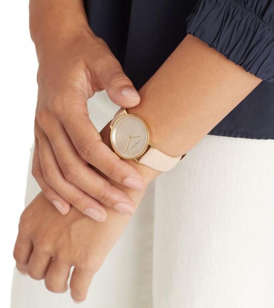 Pierre Cardin Damen vergoldete Armband-Uhr mit Marken-K&uuml;rzel-Print analoge Quarz-Uhr mit Leder-Armband 3ATM 31mm CBV.1503 Beige/Gold