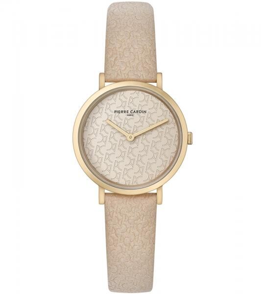 Pierre Cardin Damen vergoldete Armband-Uhr mit Marken-K&uuml;rzel-Print analoge Quarz-Uhr mit Leder-Armband 3ATM 31mm CBV.1503 Beige/Gold