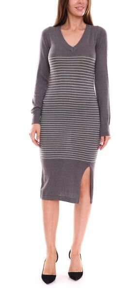 AjC Damen Pullover-Kleid gestreift Midi-Kleid Strick-Kleid 12705661 Grau