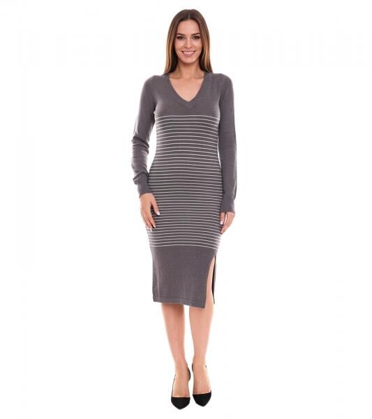 AjC Damen Pullover-Kleid gestreift Midi-Kleid Strick-Kleid 12705661 Grau
