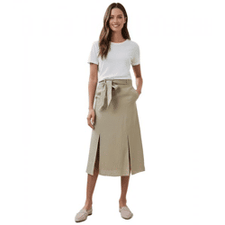 Romantic women's summer skirt with a tie belt, made of pure linen; midi skirt 927542 Khaki