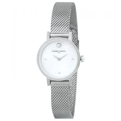 Pierre Cardin Damen Zweizeiger-Armband-Uhr Ziffernblatt mit silbernen Kreis-Details analoge Quarz-Uhr mit Edelstahl-Armband 3ATM 27mm CCM.0