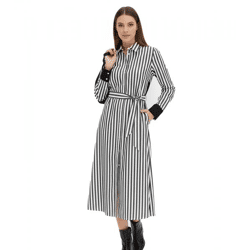 klassisches Damen Midi-Kleid Hemdblusen-Kleid im Streifen-Design Baumwoll-Kleid 934129 Schwarz/Weiß